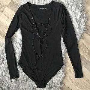 BooHoo Black Tie Up Bodysuit with long sleeves